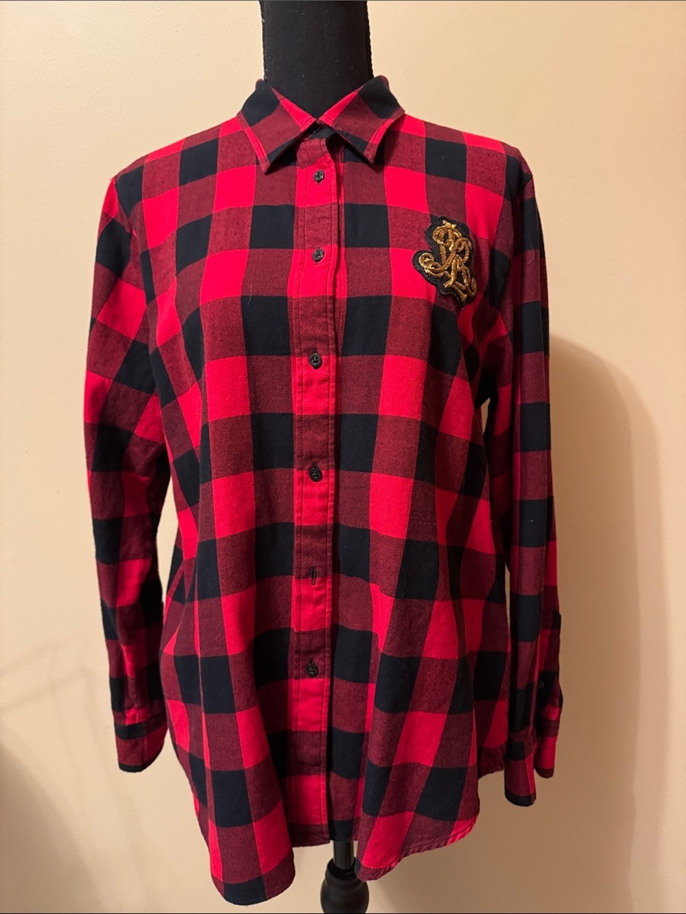Lauren Ralph Lauren Red and Black Plaid Button-Up Shirt with Gold Crest